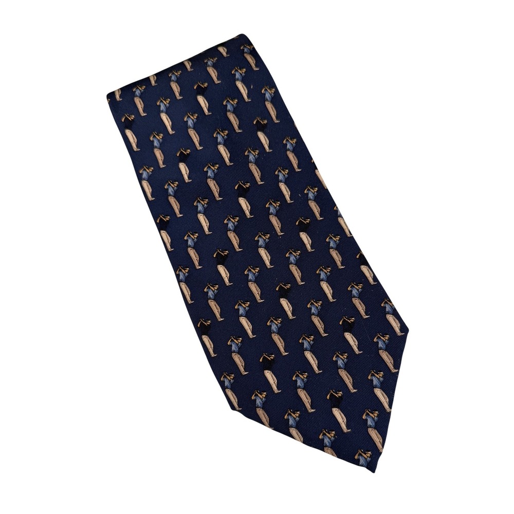 Lauren Ralph Lauren Mens Silk Tie Navy Blue Golfer Motif‎ Hand Finished USA Made